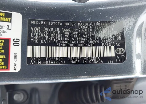 2018 Toyota Corolla Le z USA, uszkodzony, nr VIN 2T1BURHE3JC001619